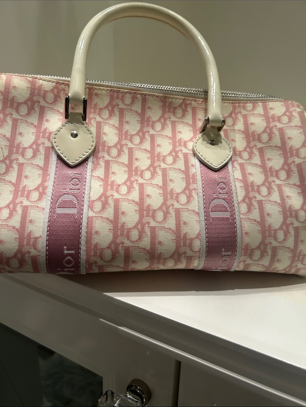 Dior Pink and White Floral Bowling Satchel with Crystal '1' Accent - Picture 3 of 13
